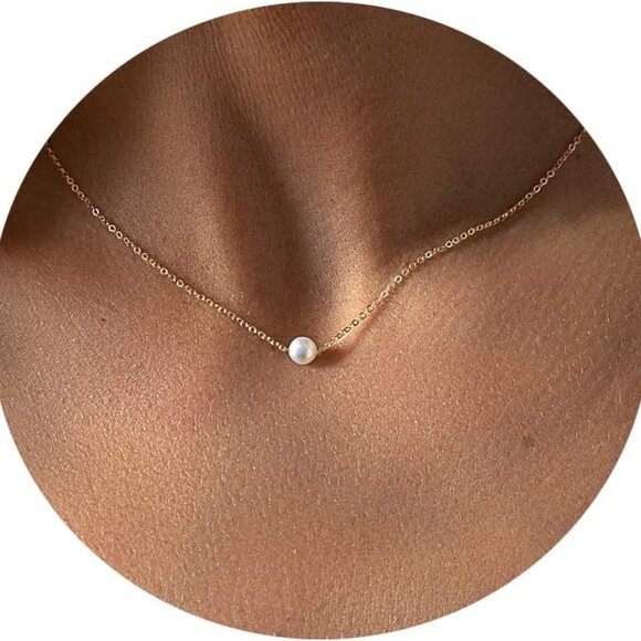 Pearl Necklace Women 14K Gold Plated Dainty Handmade Classic Elegant Gift - Picture 1 of 9